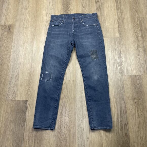 G-Star RAW 3301 Slim Jeans Mens 32x30 Blue Distressed Repair Italian Fabric - Picture 1 of 15